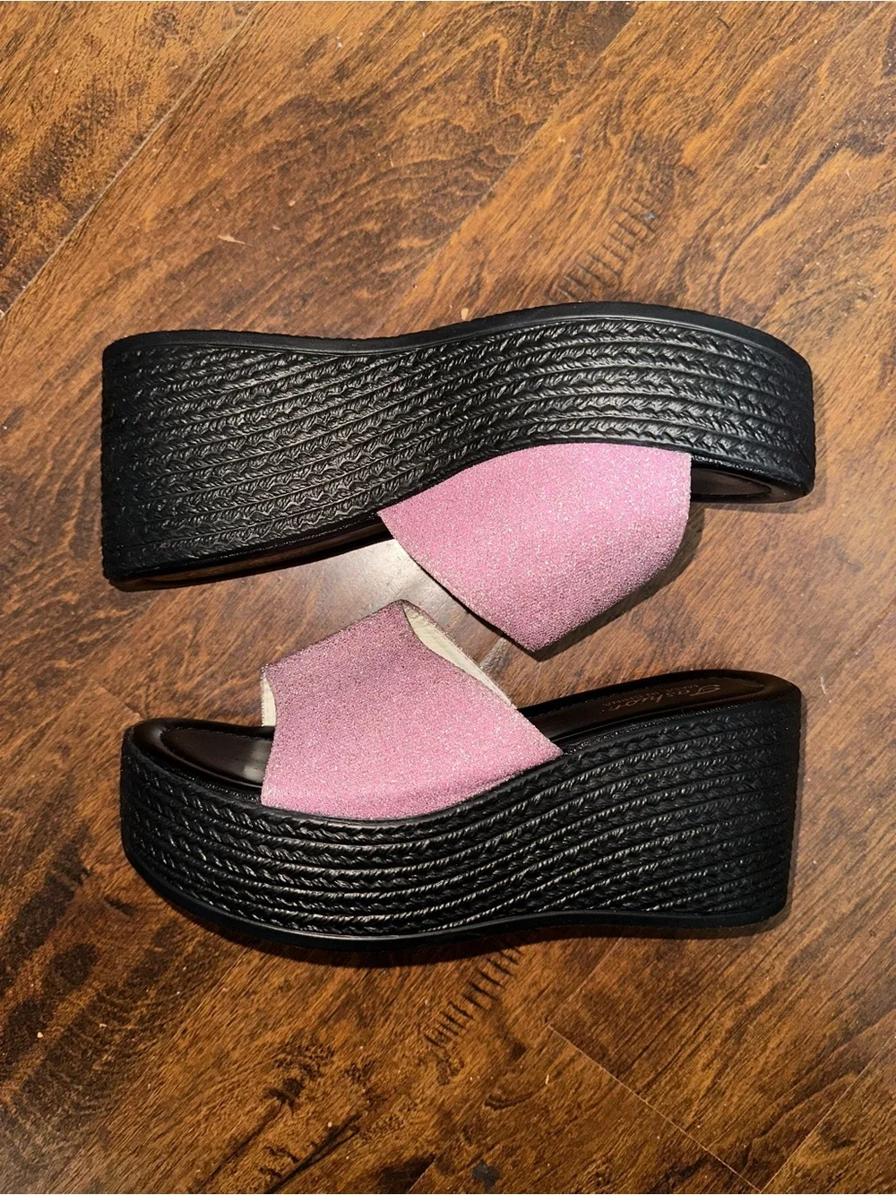 Women's Pink Glitter Platform Slide Sandals - Comfortable Black Sole